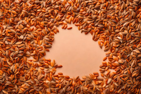 flax seeds composition flat lay with free space for copy orange corals backgroundの素材