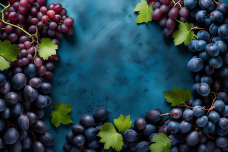 grape composition flat lay with free space for copy azurite backgroundの素材