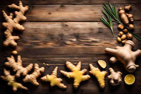 ginger composition flat lay with free space for copy old wood backgroundの素材