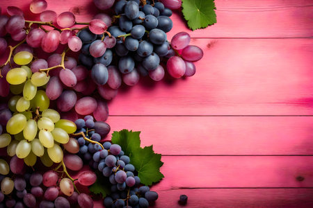 grape composition flat lay with free space for copy pink wood backgroundの素材