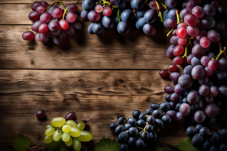 grape composition flat lay with free space for copy old wood backgroundの素材