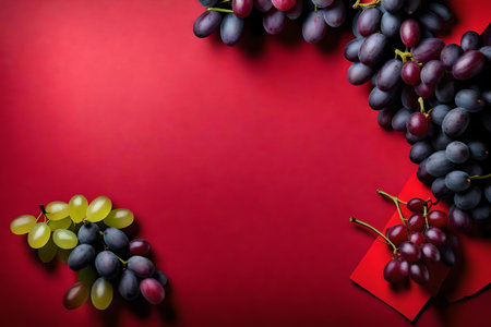 grape composition flat lay with free space for copy red paper backgroundの素材