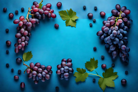 grape composition flat lay with free space for copy blue paper backgroundの素材