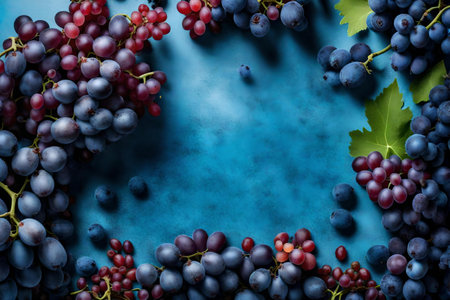 grape composition flat lay with free space for copy blue corals backgroundの素材