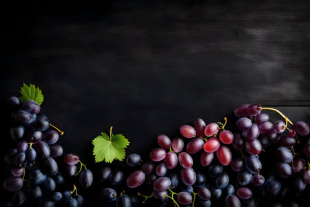 grape composition flat lay with free space for copy black wood backgroundの素材