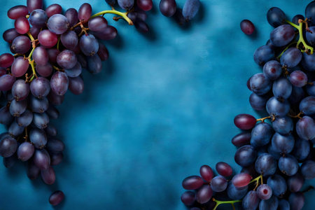 grape composition flat lay with free space for copy blue paper backgroundの素材