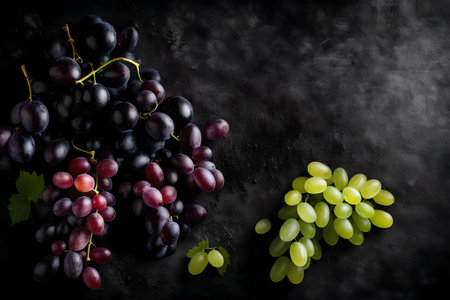 grape composition flat lay with free space for copy black tourmaline backgroundの素材