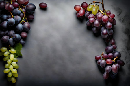 grape composition flat lay with free space for copy grey paper backgroundの素材