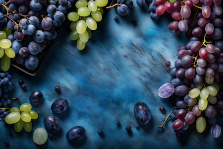 grape composition flat lay with free space for copy blue calcite backgroundの素材