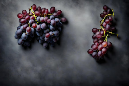 grape composition flat lay with free space for copy grey paper backgroundの素材