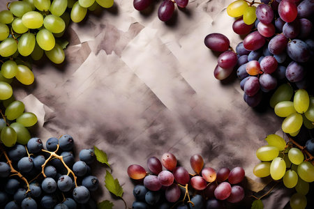 grape composition flat lay with free space for copy crumpled paper backgroundの素材