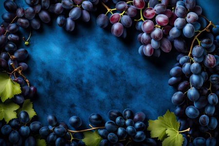grape composition flat lay with free space for copy blue velvet fabric backgroundの素材
