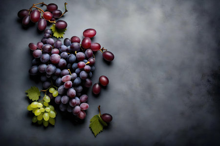 grape composition flat lay with free space for copy grey paper backgroundの素材