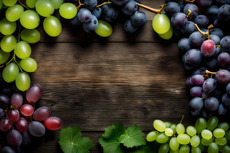grape composition flat lay with free space for copy green wood backgroundの素材