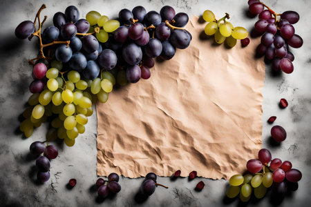 grape composition flat lay with free space for copy crumpled paper backgroundの素材