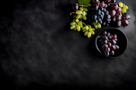 grape composition flat lay with free space for copy black ceramic backgroundの素材
