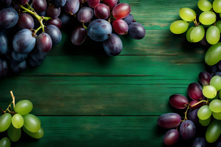 grape composition flat lay with free space for copy green wood backgroundの素材