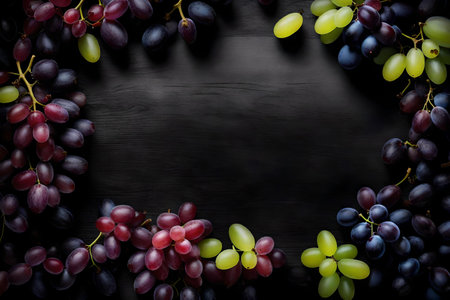 grape composition flat lay with free space for copy black wood backgroundの素材