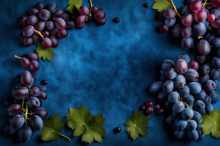 grape composition flat lay with free space for copy blue velvet fabric backgroundの素材