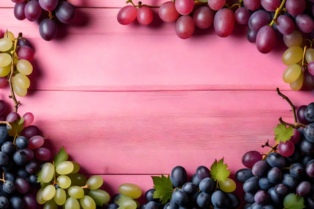grape composition flat lay with free space for copy pink wood backgroundの素材