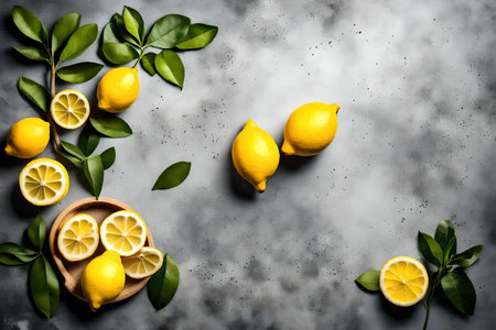 lemon composition flat lay with free space for copy concrete backgroundの素材
