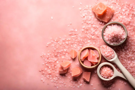 himalayan pink salt composition flat lay with free space for copy pink paper backgroundの素材