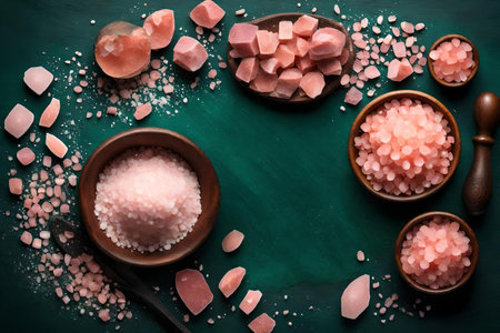 himalayan pink salt composition flat lay with free space for copy malachite backgroundの素材