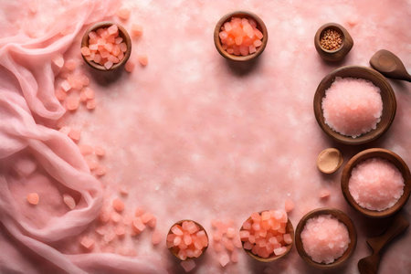 himalayan pink salt composition flat lay with free space for copy silk fabric backgroundの素材
