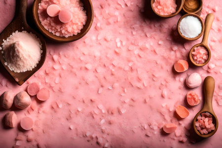 himalayan pink salt composition flat lay with free space for copy pink desert backgroundの素材