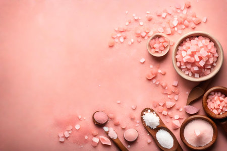 himalayan pink salt composition flat lay with free space for copy pink desert backgroundの素材
