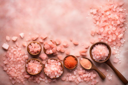 himalayan pink salt composition flat lay with free space for copy silk fabric backgroundの素材