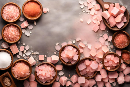himalayan pink salt composition flat lay with free space for copy quartz backgroundの素材