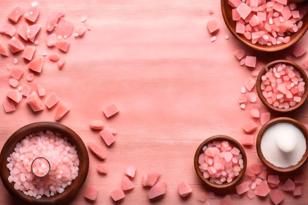 himalayan pink salt composition flat lay with free space for copy pink wood backgroundの素材