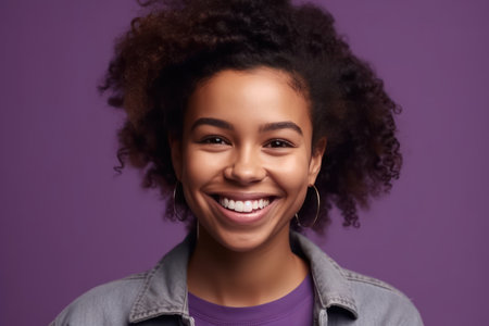young cute happy african american woman zoomer in casual clothes laughing and looking at camera, radiating optimism and positive emotions, stands on plain purple background, good mood conceptの素材