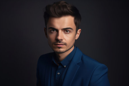 young confident successful male ceo in blue shirt looking at camera over gray backgroundの素材