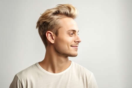 young handsome blond man wearing casual t shirt standing over isolated white background looking to sideの素材