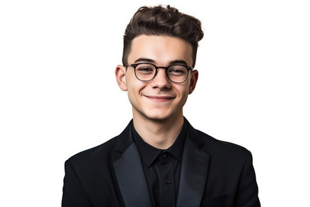 young handsome man in black suit and glasses smiling isolated on white backgroundの素材