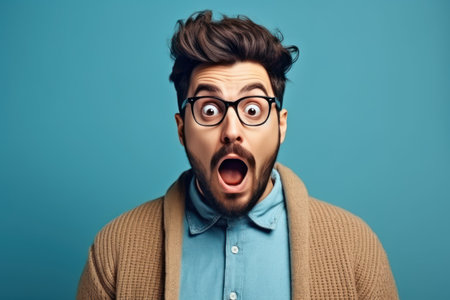 young handsome man with beard wearing casual sweater and glasses over blue background afraid and shocked with surprise and amazed expression fear and excited faceの素材