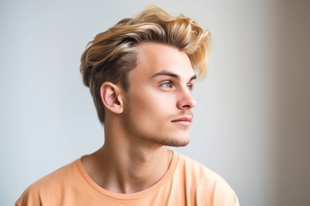 young handsome blond man wearing casual t shirt standing over isolated white background looking to side relax profile pose with natural face and confident smileの素材
