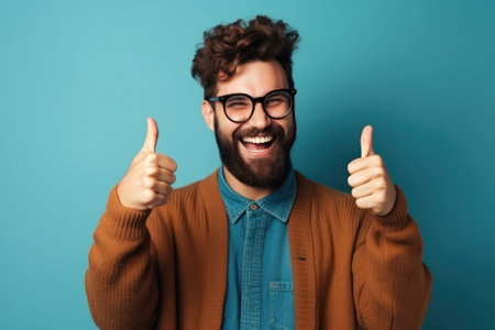 young handsome man with beard wearing casual sweater and glasses over blue background approving doing positive gesture with hand thumbs up smiling and happy for success winner gestureの素材