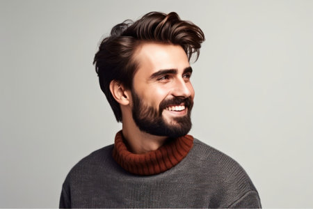 young handsome man with beard wearing casual sweater standing over white background looking away to side with smile on face natural expression laughing confidentの素材
