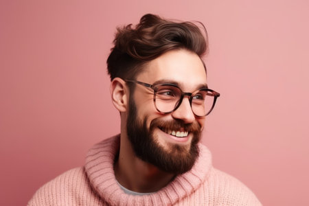 young handsome man with beard wearing glasses and sweater standing over pink background looking away to side with smile on face natural expression laughing confidentの素材