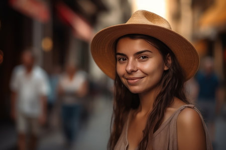 young hispanic tourist woman smiling at the cityの素材