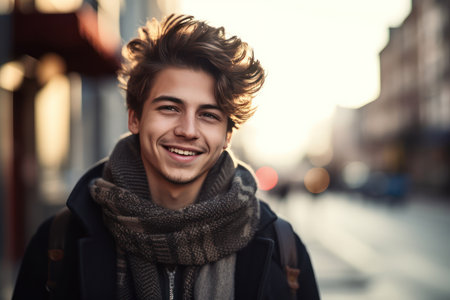 young hispanic man smiling happy wearing scarf walking at the cityの素材