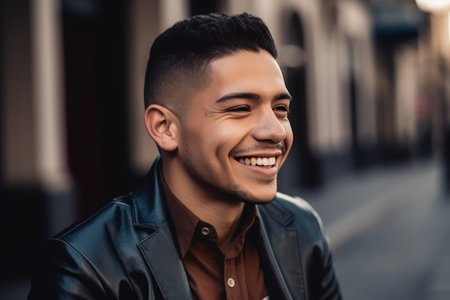 young hispanic man wearing business jacket looking away to side with smile on face natural expression laughing confidentの素材