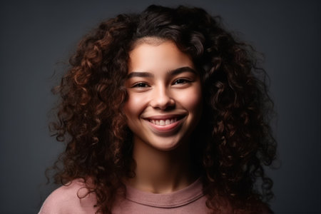 young hispanic woman with curly hair wearing casual clothes with a happy and cool smile on face lucky personの素材