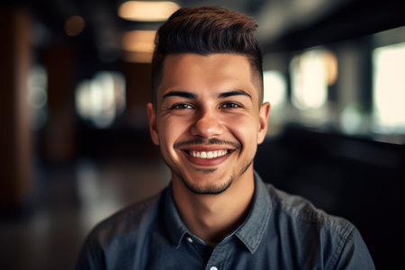 young hispanic man at the office with a happy and cool smile on faceの素材