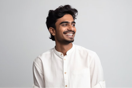 young indian man wearing elegant shirt standing over isolated white background looking away to side with smile on faceの素材