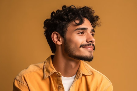 young hispanic man wearing casual clothes looking to side, relax profile pose with natural face and confident smileの素材