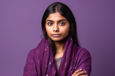 young indian woman isolated on purple background who feels confident crossing arms with determinationの素材